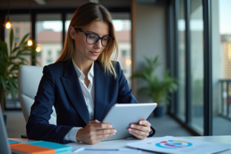 Femme d'affaires analysant des données de marché sur une tablette