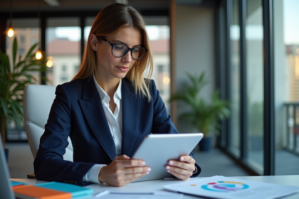 Femme d'affaires analysant des données de marché sur une tablette