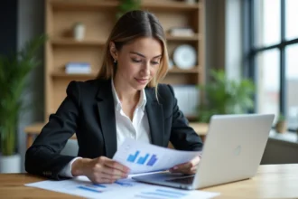Femme confiante analysant des rapports dans un espace de coworking