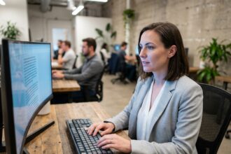 Femme professionnelle utilisant un assistant IA sur un grand écran dans un bureau moderne en open space