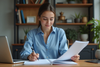 Jeune femme au bureau avec documents d'entreprise