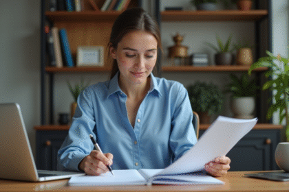 Jeune femme au bureau avec documents d'entreprise