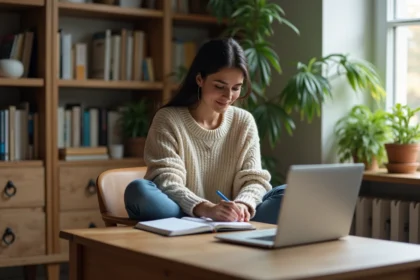Femme concentrée dans son bureau à domicile avec livres et plantes