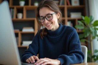 Femme au bureau à domicile souriante et concentrée