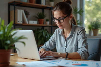 Femme en bureau analysant un rapport marketing