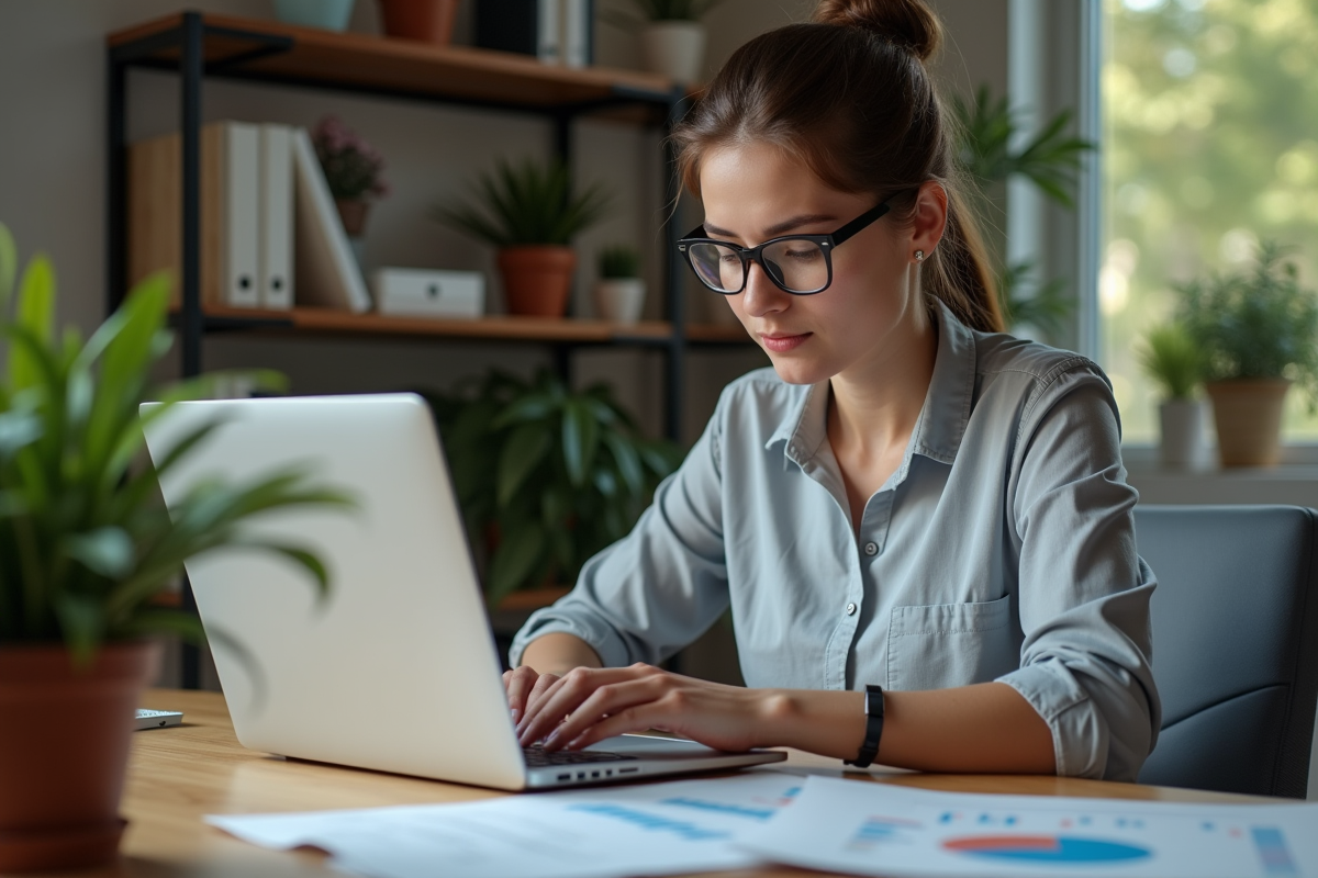 Femme en bureau analysant un rapport marketing