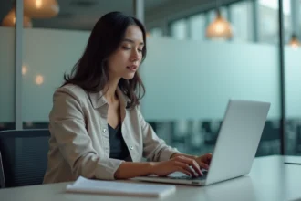 Femme en bureau moderne utilisant un ordinateur portable