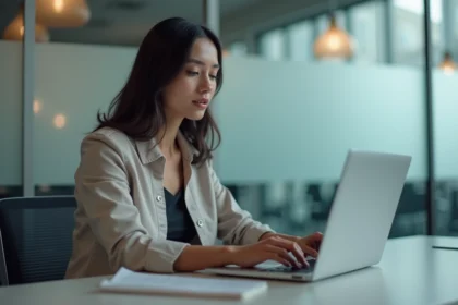 Femme en bureau moderne utilisant un ordinateur portable