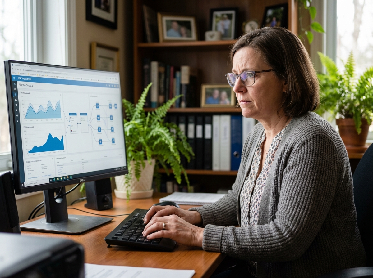 Femme concentrée travaillant sur un ordinateur avec interface ERP