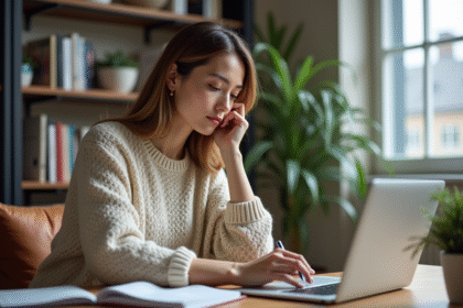 Femme au bureau compare des annonces en ligne