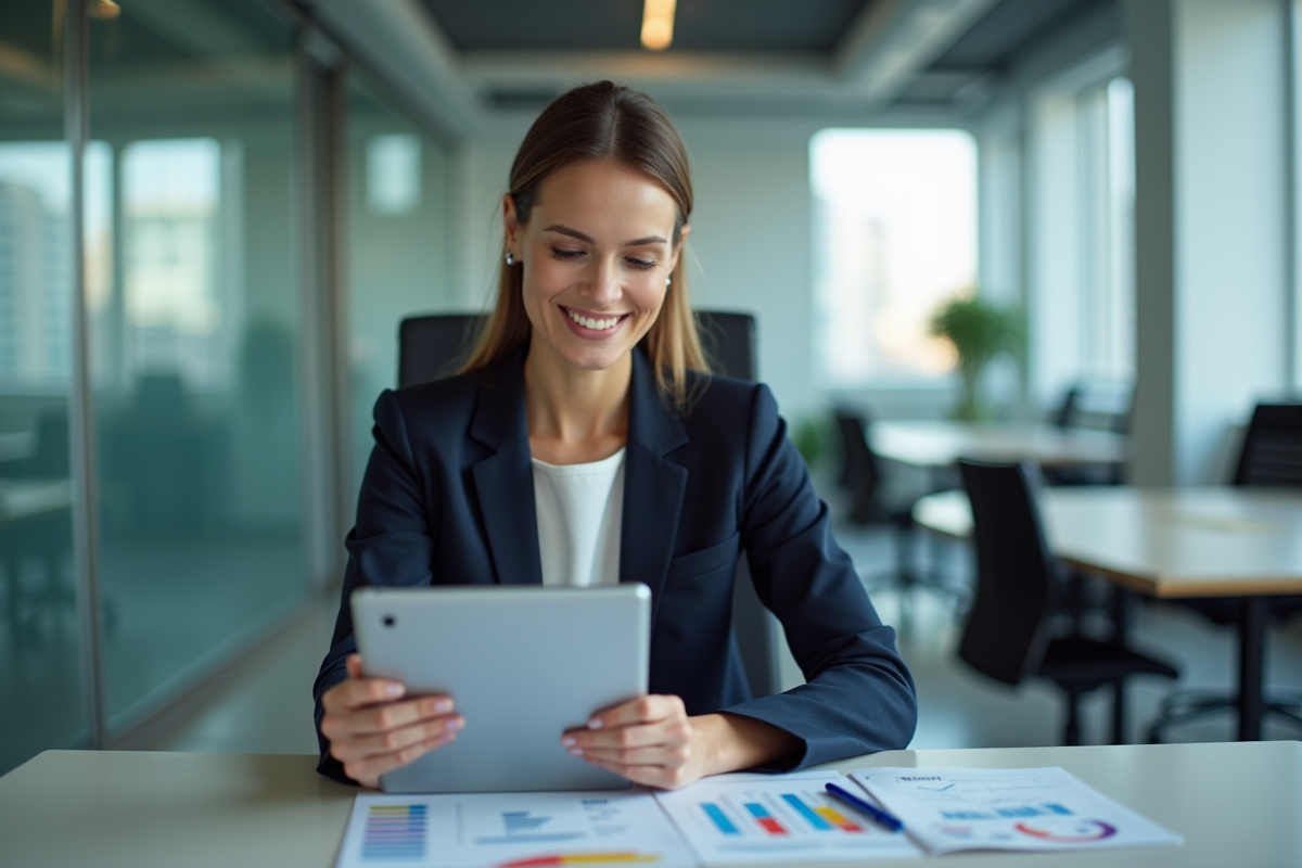 Jeune femme professionnelle analysant un graphique sur tablette au bureau