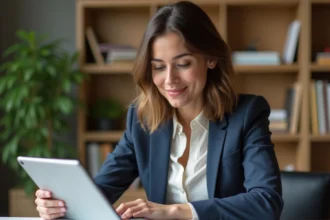 Femme au bureau avec documents et tablette digital