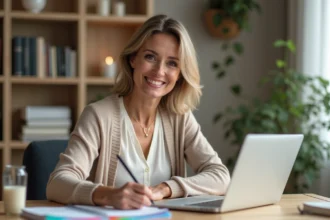 Femme souriante dans un bureau organisé à la maison