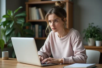 Femme concentrée devant son ordinateur dans un bureau moderne