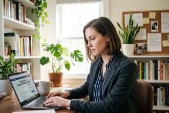 Jeune femme en bureau moderne travaillant sur son ordinateur
