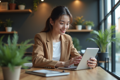 Femme en blazer regardant une tablette dans un espace de coworking