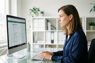 Femme concentrée devant un ordinateur avec test de néerlandais