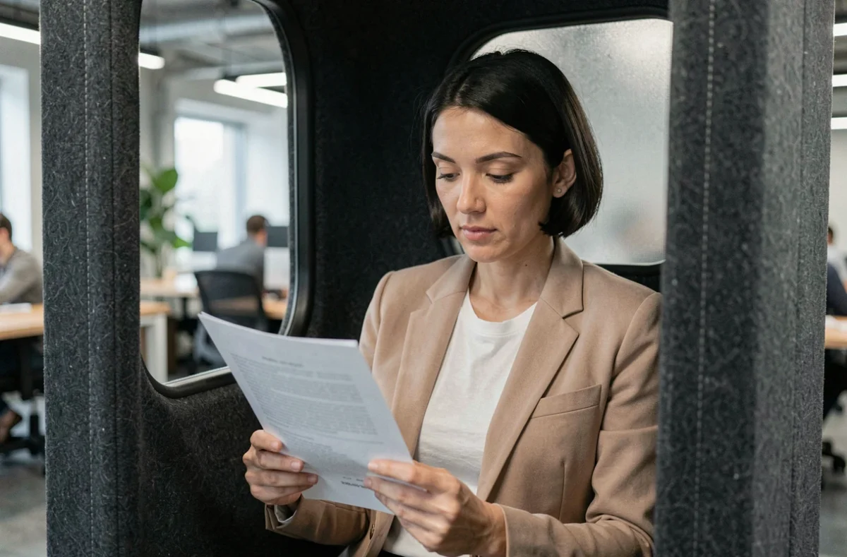 Femme concentrée dans une cabine téléphonique privée d'un espace de coworking, comparant des offres sur un document imprimé