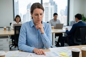 Femme cadre analysant des tableaux de données lors d'un bilan des compétences en entreprise