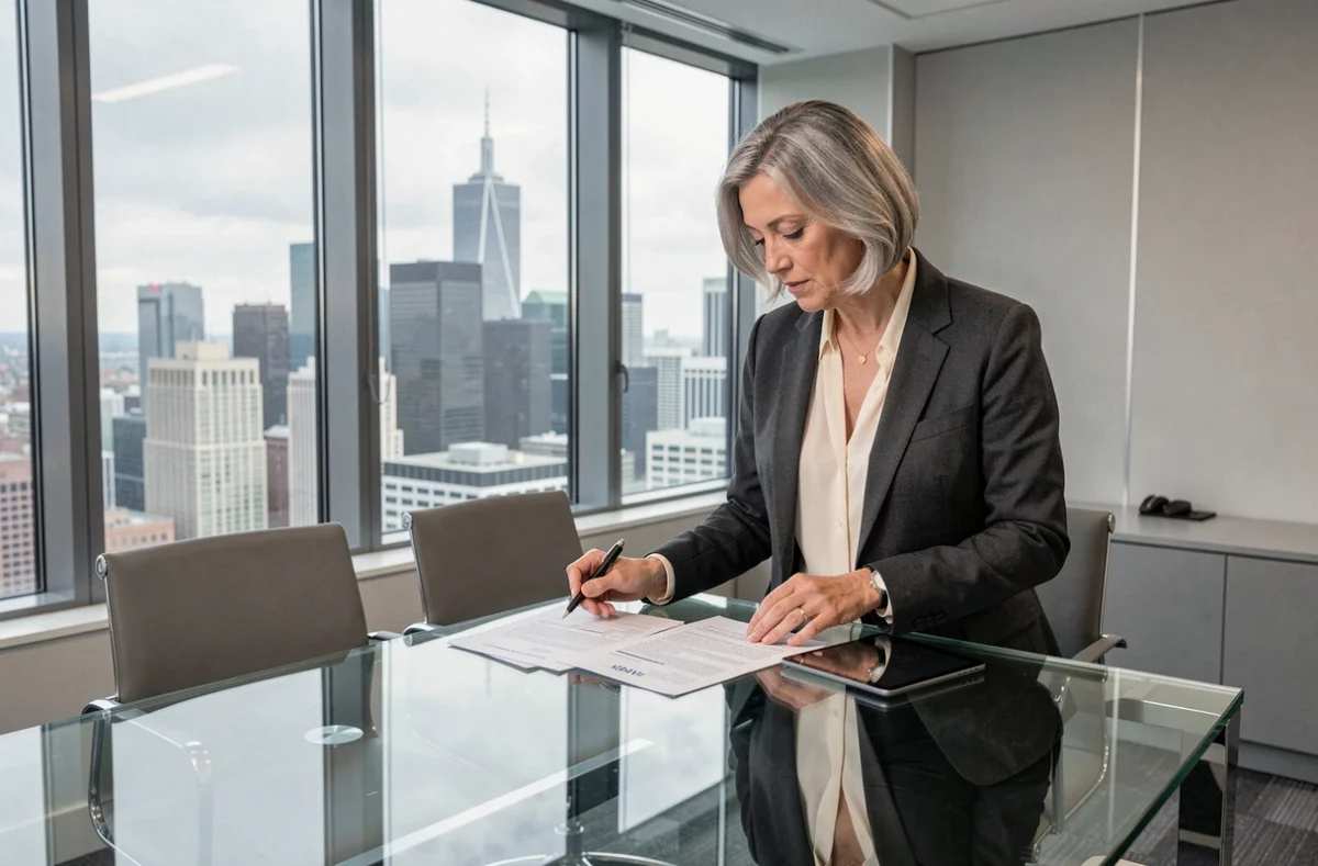 Femme cadre indépendante en portage salarial examinant un contrat dans une salle de réunion moderne avec vue urbaine
