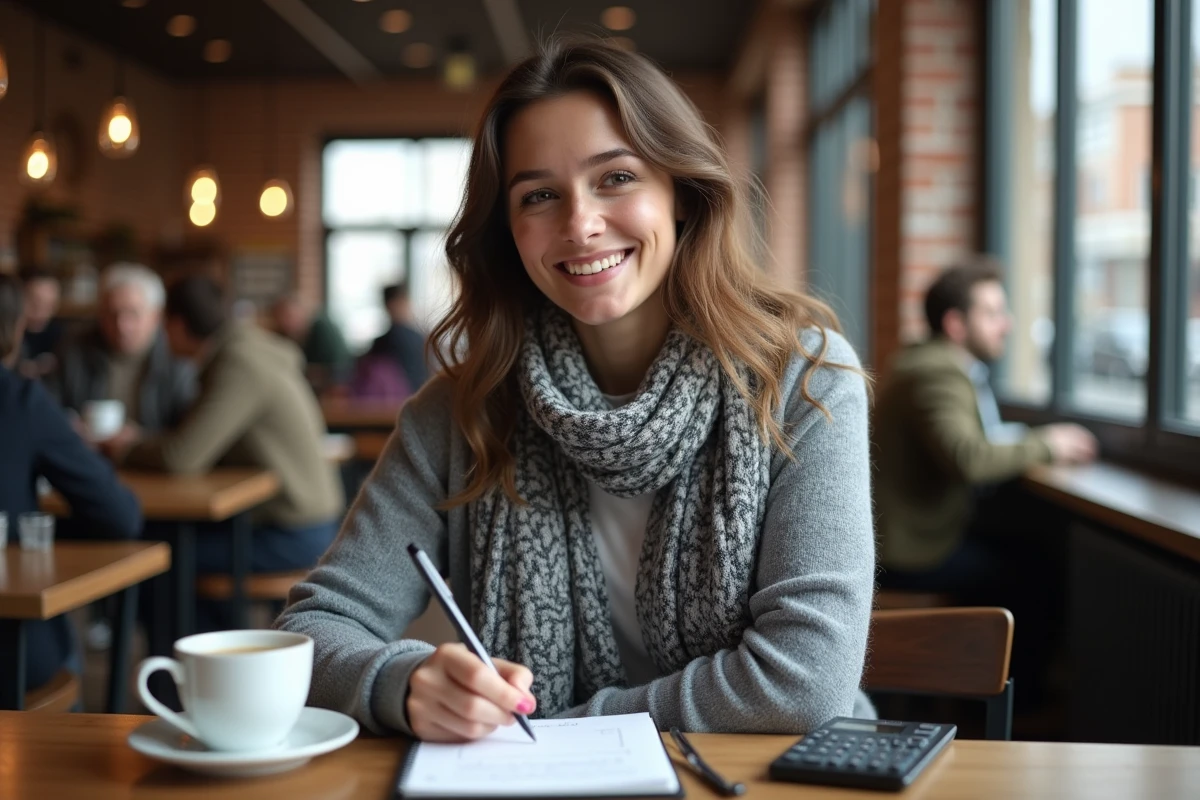 Jeune femme souriante avec notes dans un café convivial