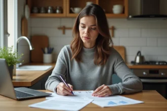 Femme comparant des offres d'assurance sur ordinateur portable avec des documents imprimés sur une table en bois