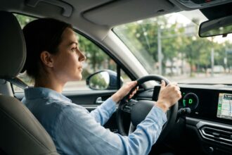 Femme apprenant à conduire une voiture à boîte automatique en milieu urbain, vue depuis le siège passager