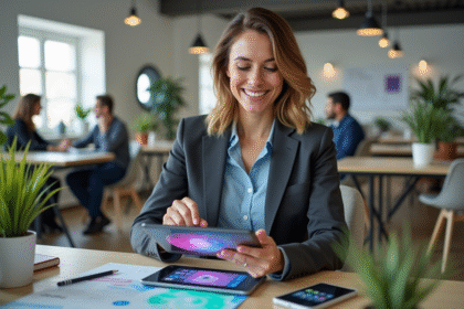 Femme confiante en blazer et jeans dans un bureau moderne