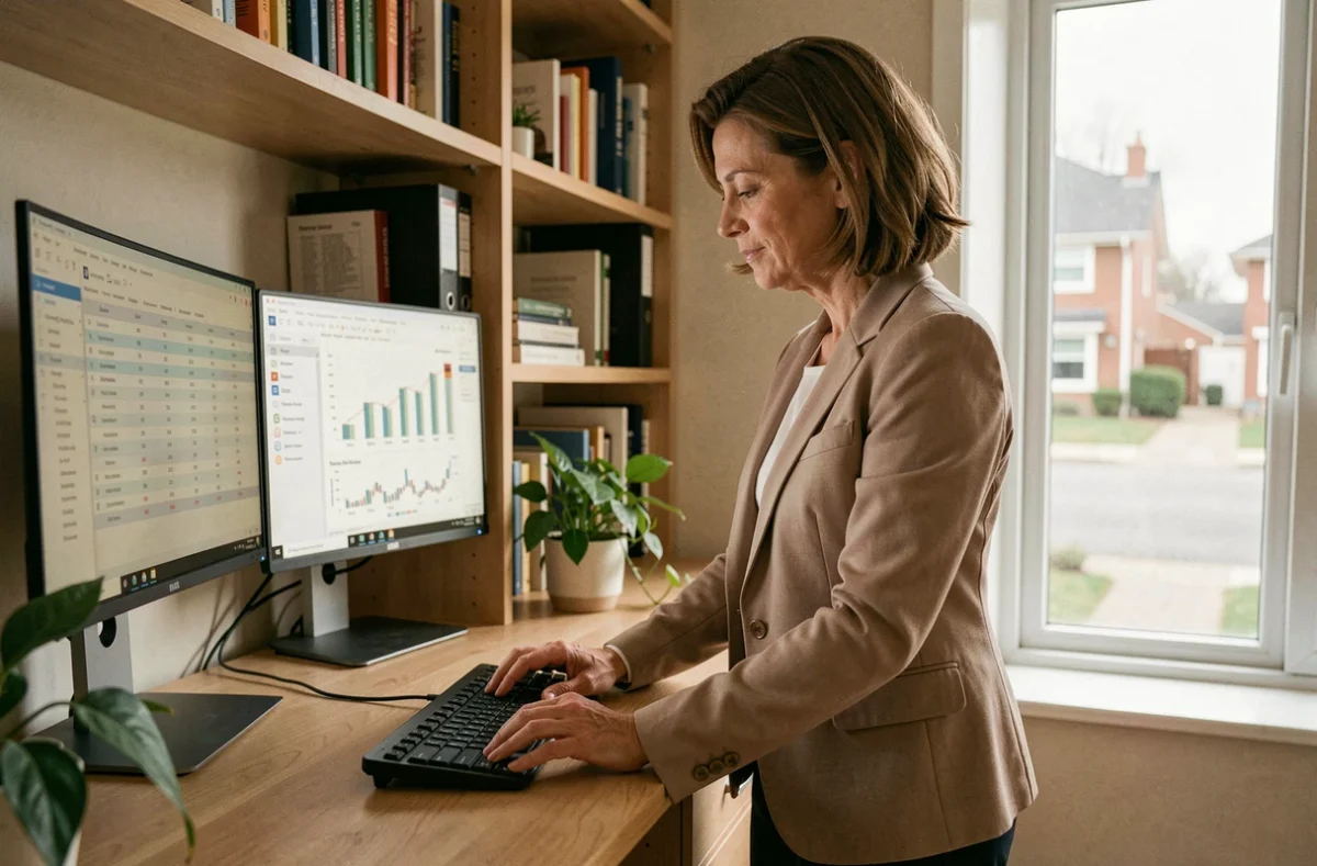 Femme consultant financier en télétravail depuis son bureau à domicile grâce au portage salarial