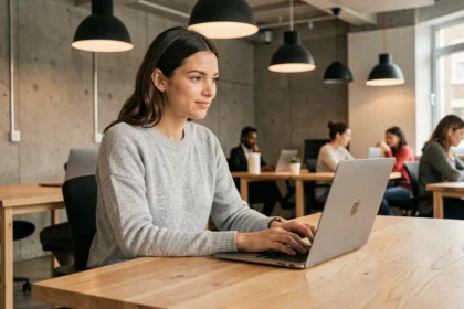 Femme travaillant sur son ordinateur portable dans un espace de coworking moderne avec bureau en bois et murs en béton