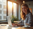 Femme souriante dans un espace coworking moderne avec café
