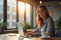 Femme souriante dans un espace coworking moderne avec café