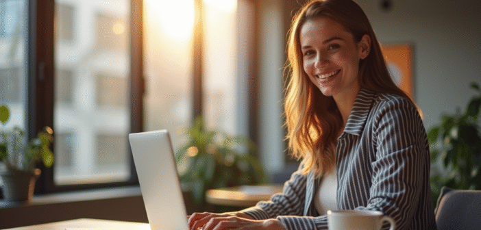 Femme souriante dans un espace coworking moderne avec café
