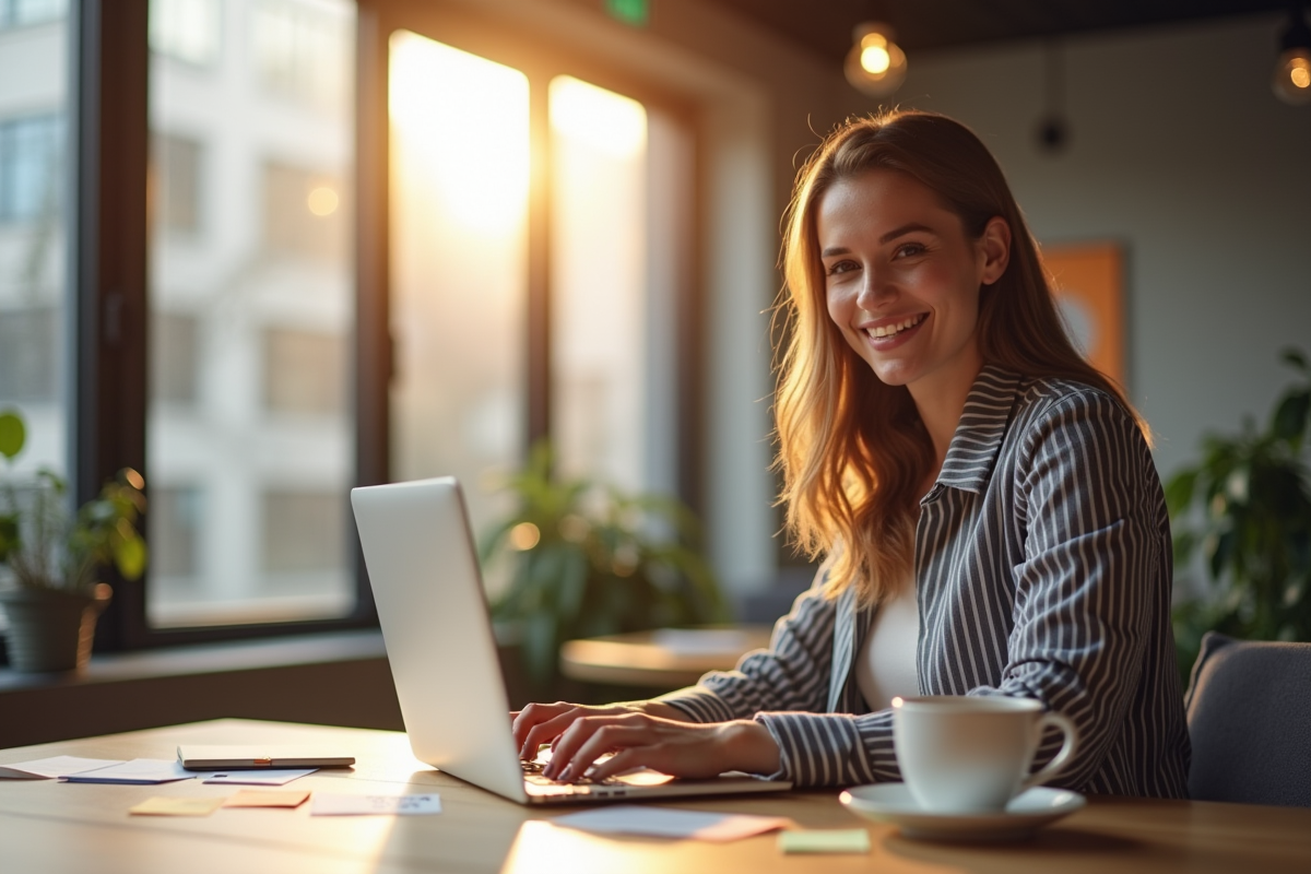 Femme souriante dans un espace coworking moderne avec café
