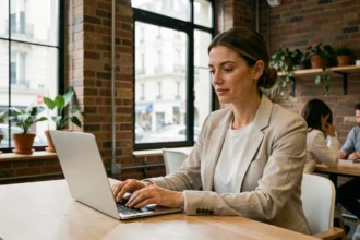 Femme travaillant dans un espace de coworking moderne à Dax avec murs en briques et grandes fenêtres industrielles