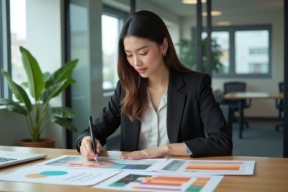Jeune femme professionnelle arrangeant des flyers colorés
