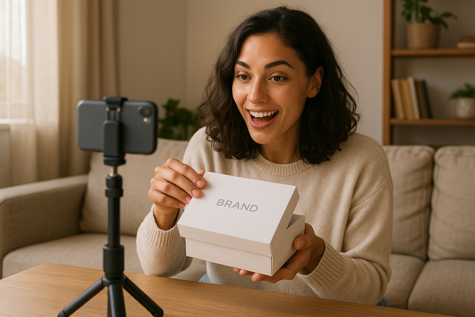 Jeune femme confiante deballant un produit de marque chez elle