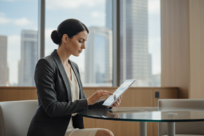 Femme d'affaires utilisant une tablette dans une banque moderne