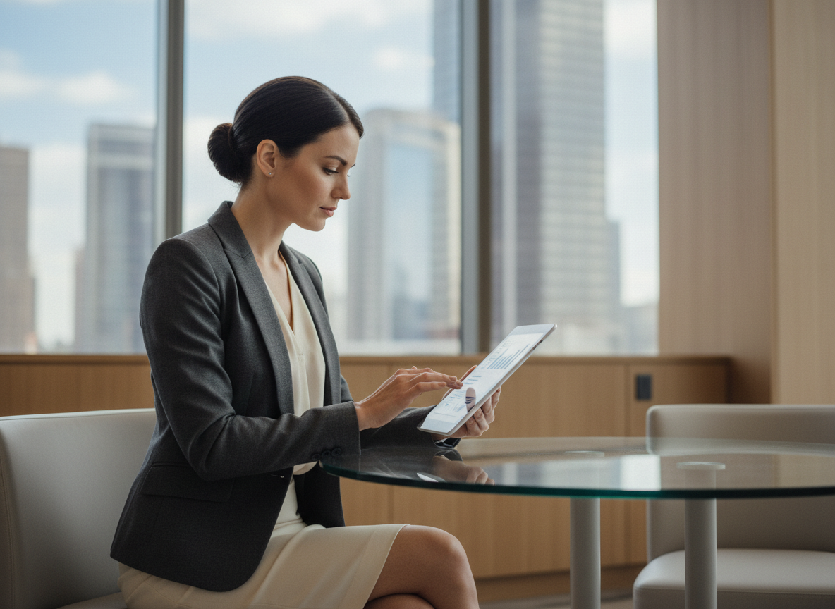 Femme d'affaires utilisant une tablette dans une banque moderne