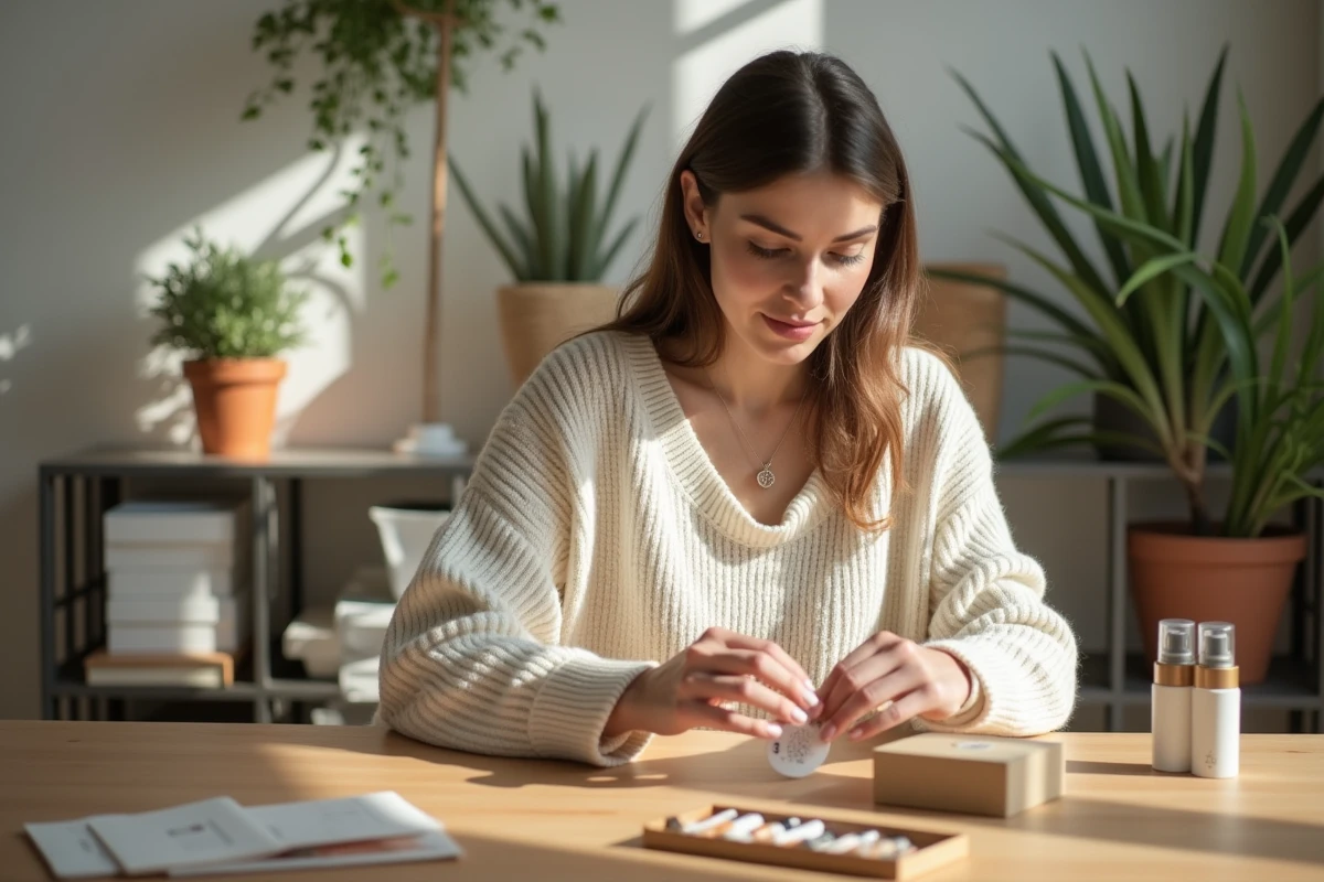 Femme française emballant des échantillons cosmétiques à la maison