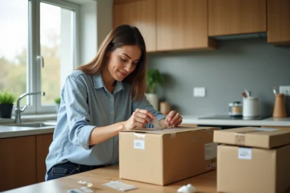 Femme en cuisine emballant des cartons pour déménagement