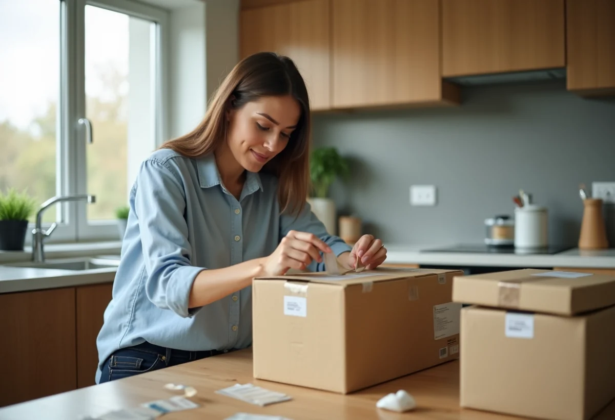 Femme en cuisine emballant des cartons pour déménagement