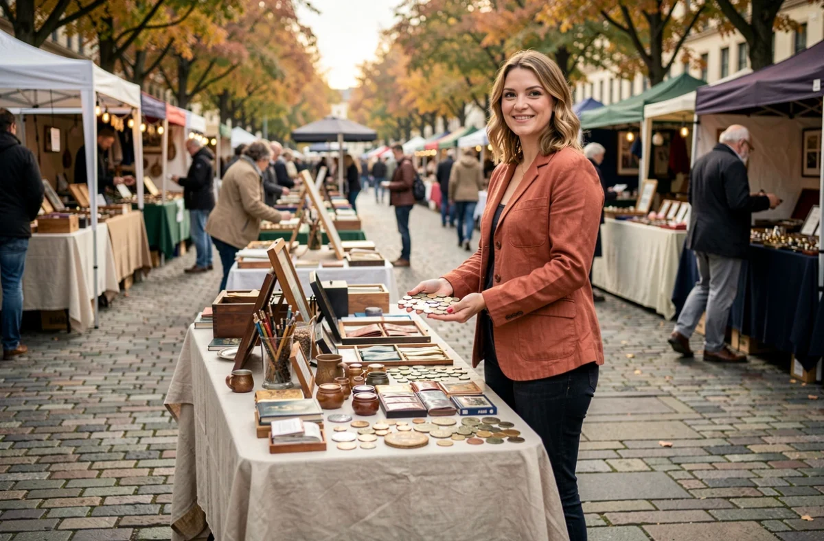 Femme entrepreneureure présentant ses produits de collection sur un marché extérieur pour monétiser sa passion