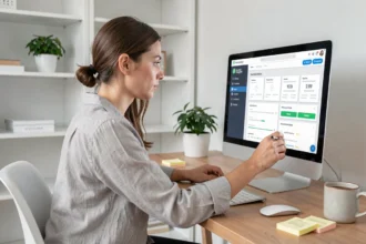Femme entrepreneur configurant une plateforme de membership en ligne sur son ordinateur dans un bureau à domicile minimaliste