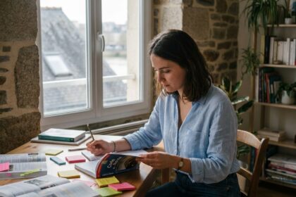 Jeune femme étudiant le code de la route dans un appartement nantais pour préparer son permis de conduire