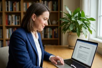 Femme cadre en pleine réflexion sur son évolution professionnelle devant un outil d'analyse de carrière en ligne