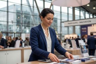 Femme en blazer navy arrangeant brochures à une expo Paris