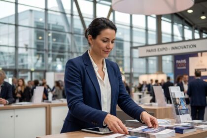 Femme en blazer navy arrangeant brochures à une expo Paris