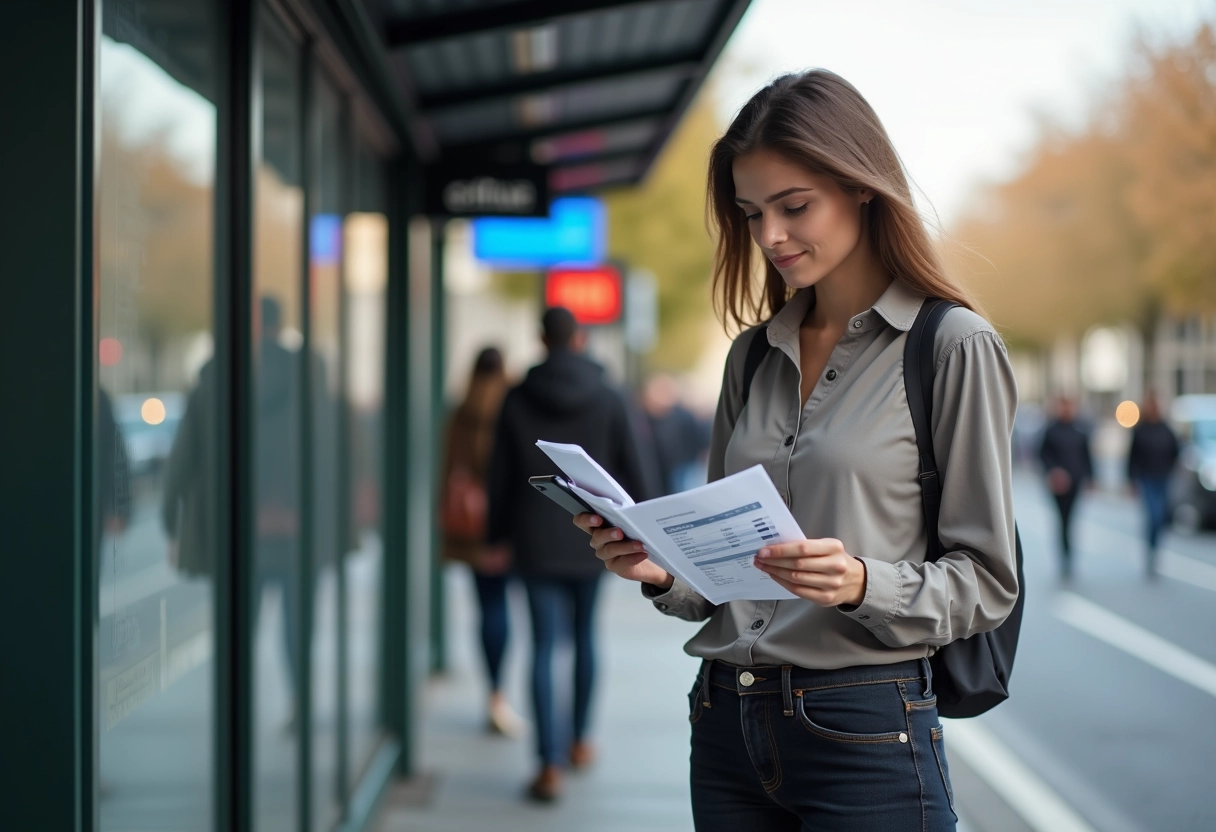 Jeune femme française utilisant smartphone et regardant ses relevés
