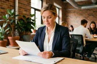 Femme freelance en portage salarial travaillant dans un espace de coworking moderne